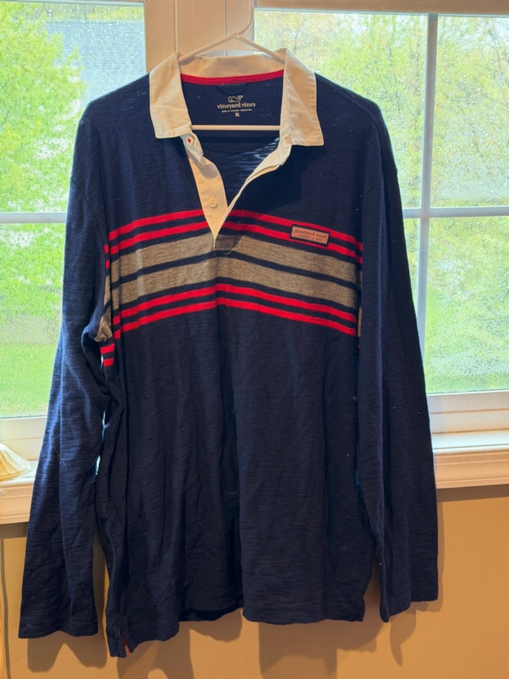 Vineyard Vines Navy Long-Sleeve Rugby Polo with Red and Gray Stripes